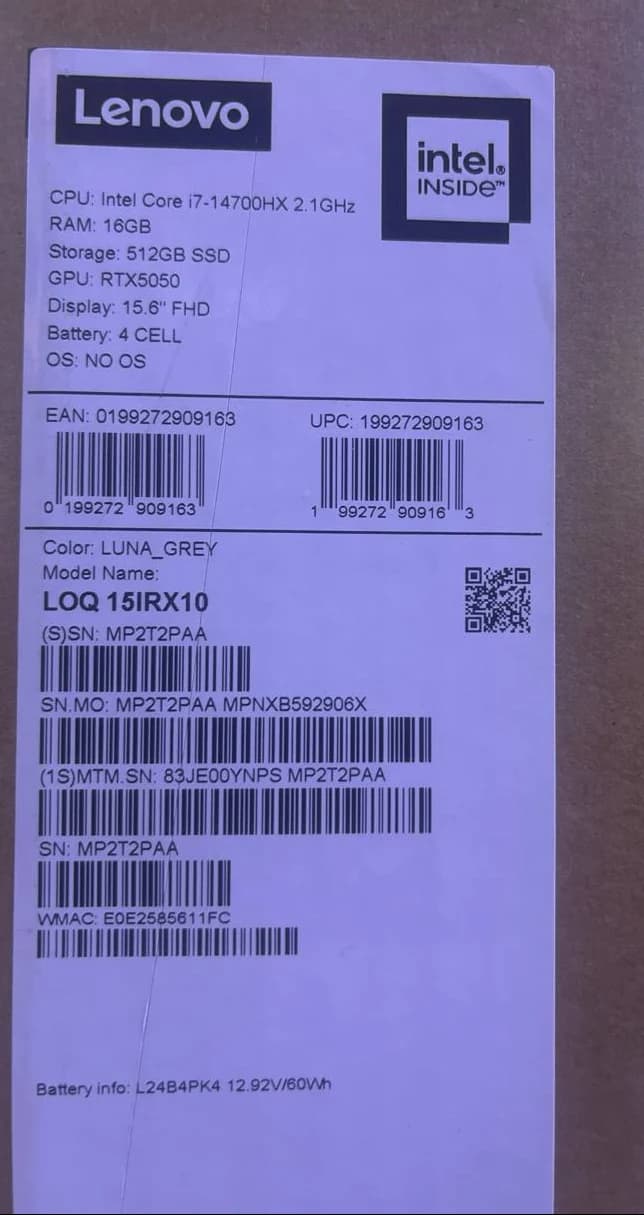 Lenovo LOQ 15IRX10 - (YNPS) Intel Core i7-14700HX, RAM 16GB, 512GB, RTX 5050 8GB, 15.6 Inch FHD 144Hz, Luna Gray — thumbnail 5 of 5