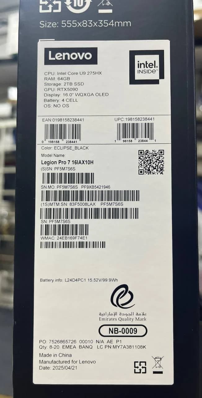 Lenovo Legion Pro 7 16IAX10H - (8LAX), Intel Core Ultra 9-275HX, RAM 64GB, SSD 2TB, NVIDIA RTX 5090 24GB, 16.0 Inch WQXGA OLED 240Hz, Eclipse Black — thumbnail 9 of 9