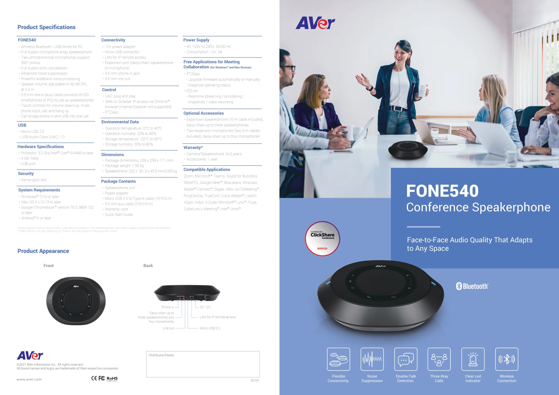 AVer FONE540 USB & Bluetooth Conference Speakerphone – Daisy-Chainable, 360° Mic Pickup, Noise Suppression, 3-Way Calling, Web UI Control — thumbnail 3 of 4