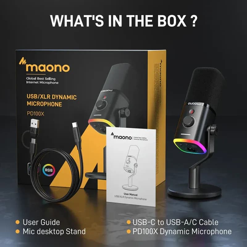 MAONO PD100X USB Dynamic Microphone – Cardioid Studio Mic with Gain Control, RGB Lighting & Zero-Latency Monitoring for Podcast, Streaming, Gaming — thumbnail 6 of 10