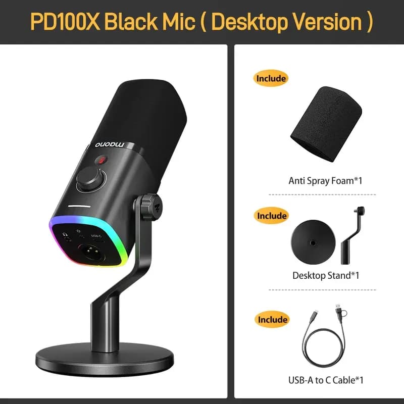 MAONO PD100X USB Dynamic Microphone – Cardioid Studio Mic with Gain Control, RGB Lighting & Zero-Latency Monitoring for Podcast, Streaming, Gaming — thumbnail 8 of 10
