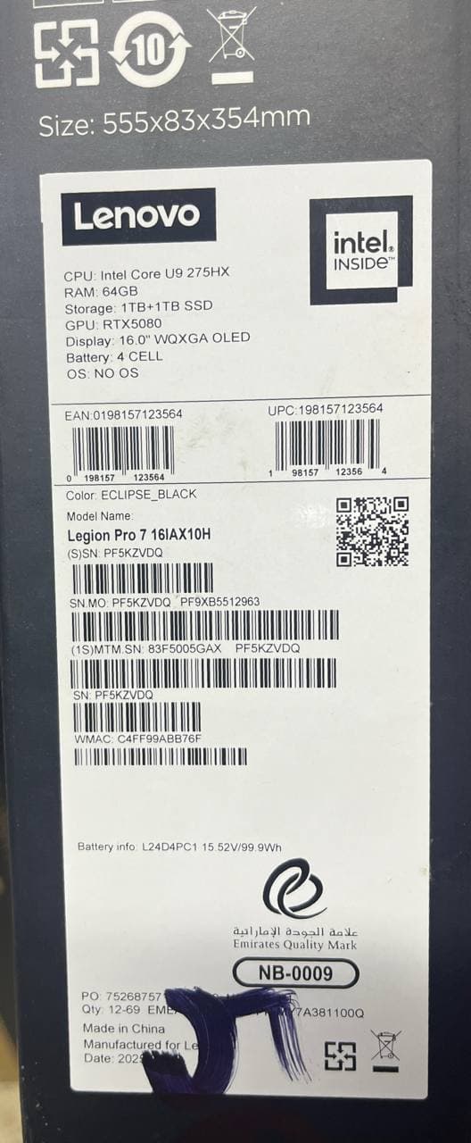 Lenovo Legion Pro 7 16IAX10H - (5GAX), Intel Core Ultra 9-275HX, RAM 64GB, SSD 2TB, NVIDIA Geforce RTX 5080 16GB, 16.0 Inch WQXGA OLED 240Hz, Eclipse Black — thumbnail 8 of 8