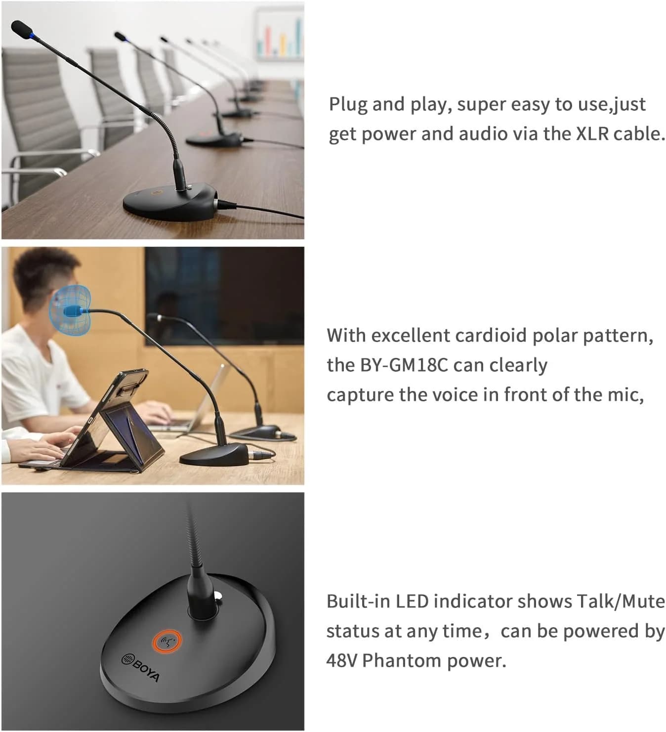 BOYA BY-GM18C 18" Desktop Gooseneck Condenser Microphone – Podium Mic with Mute Button, LED Indicator, XLR Connection, for Meetings, Video Conferences, Streaming & Lectures — thumbnail 7 of 8