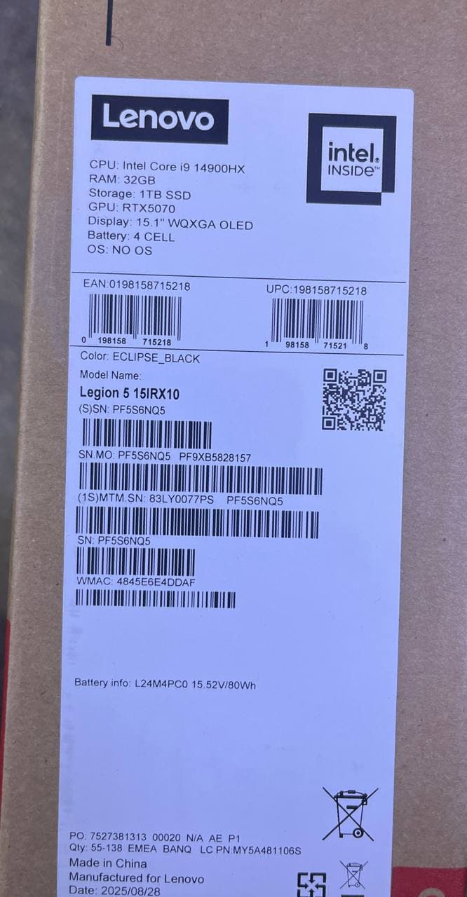 Lenovo Legion 5, NVIDIA RTX 5070 8GB, Intel® Core i9-14900HX, RAM 32GB, SSD 1TB, 15.1 2K WQXGA OLED 165Hz, Eclipse Black — thumbnail 9 of 9