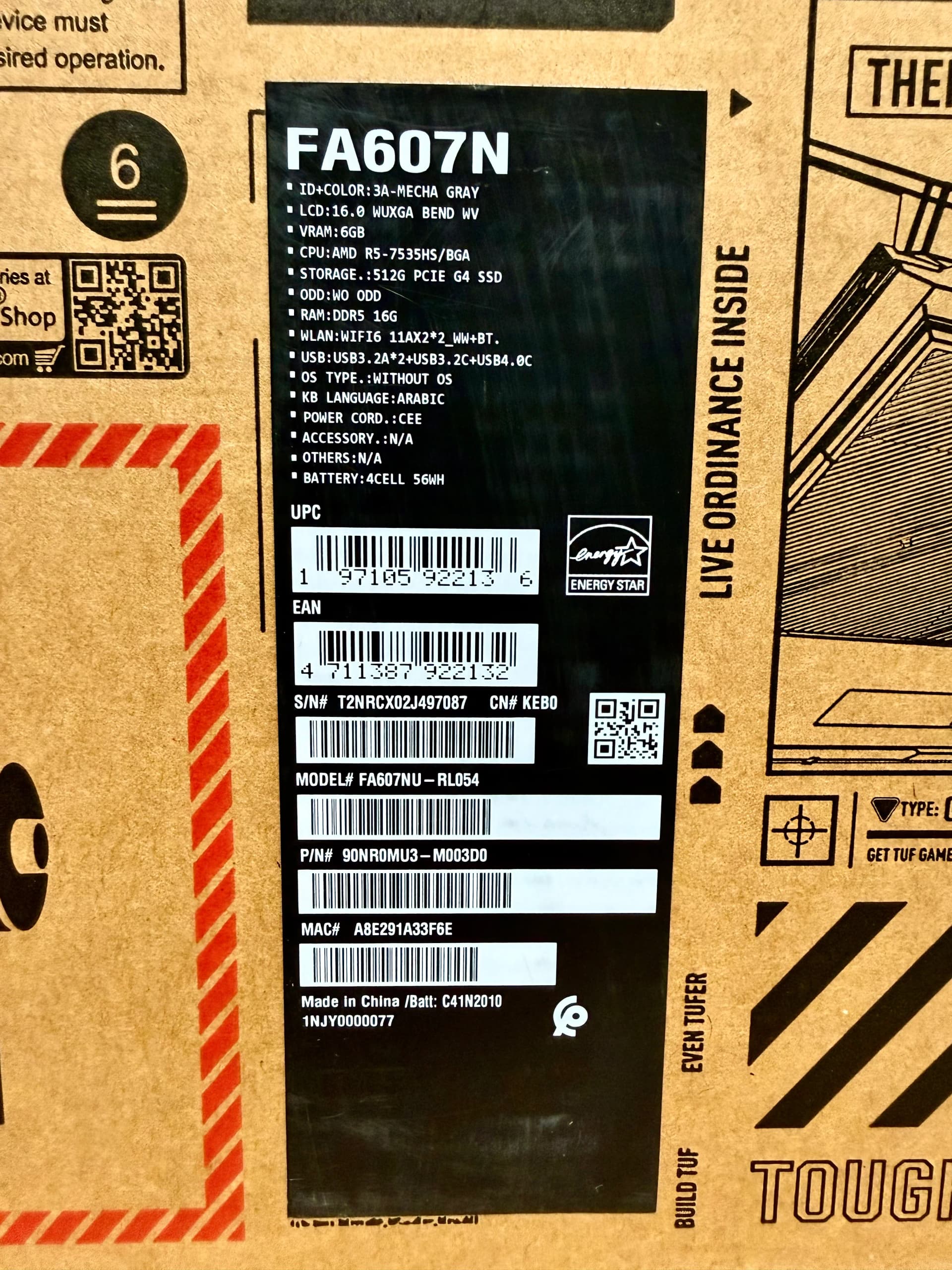 ASUS TUF Gaming A16 FA607NU-RL054, AMD Ryzen 5-7535HS, RAM 16G, SSD 512GB, NVIDIA RTX 4050 6GB, 16.0 inch WUXGA 144Hz, Mecha Gray — thumbnail 6 of 6