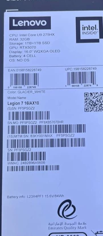 Lenovo Legion 7, NVIDIA RTX 5070 8GB, Intel Core Ultra 9-275HX, RAM 32GB, SSD 2TB, 16.0 Inch WQXGA OLED 240Hz, Glacier White — thumbnail 6 of 6