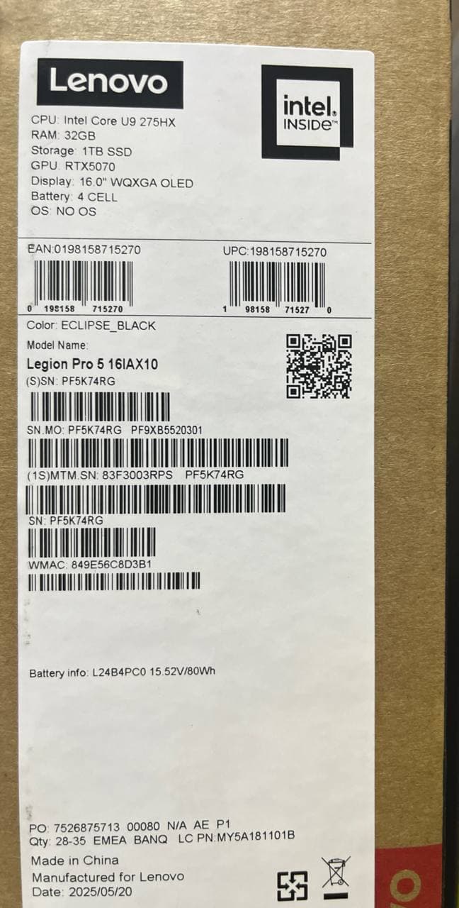 Lenovo Legion Pro 5 16IAX10 - (3RPS), Intel Core Ultra 9-275HX, RAM 32GB, SSD 1TB, NVIDIA GeForce RTX 5070 8GB, 16.0 inch 2K WQXGA OLED 165Hz, Eclipse Black — thumbnail 8 of 8