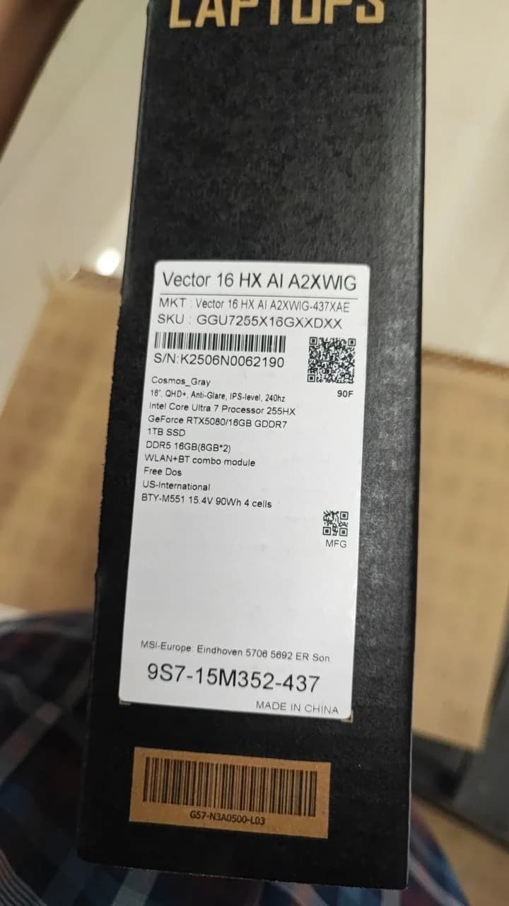 MSI Vector 16 HX AI, RTX 5080 16GB, Intel Ultra 7-255HX, RAM 16GB, SSD 1TB, 16 Inch QHD+ IPS 240Hz, Cosmos Gray — thumbnail 6 of 6