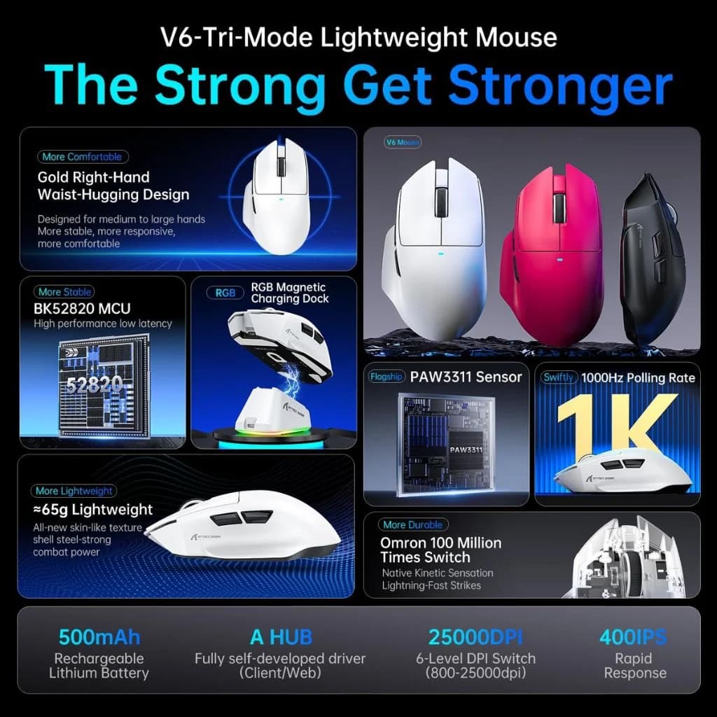Attack Shark V6 Wireless Gaming Mouse - White — thumbnail 2 of 5