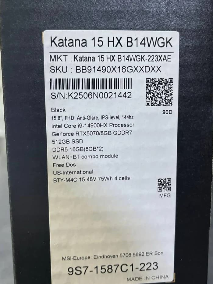 MSI Katana 15, NVIDIA RTX 5070 8GB, Intel Core i9-14900HX, RAM 16GB, SSD 512GB, 15.6 Inch FHD IPS 144Hz, Black — thumbnail 8 of 8