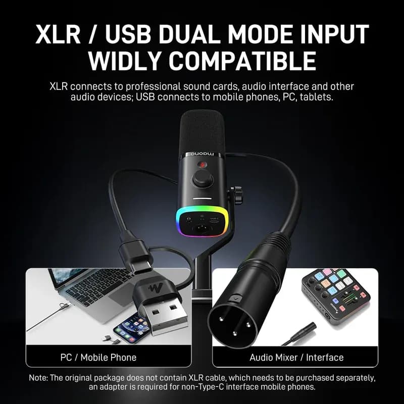 MAONO PD100X USB Dynamic Microphone – Cardioid Studio Mic with Gain Control, RGB Lighting & Zero-Latency Monitoring for Podcast, Streaming, Gaming — thumbnail 2 of 10