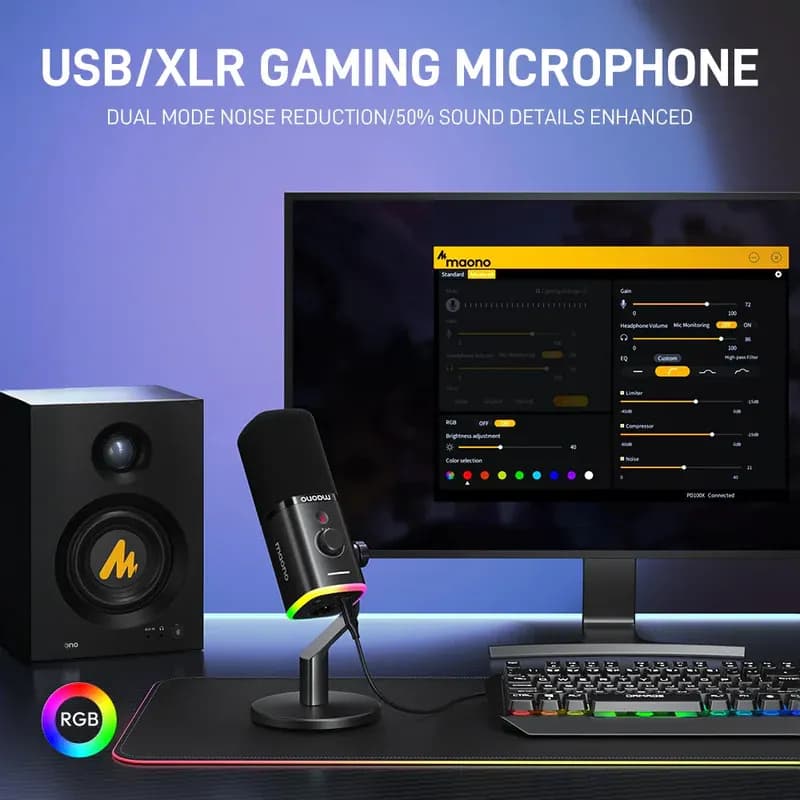 MAONO PD100X USB Dynamic Microphone – Cardioid Studio Mic with Gain Control, RGB Lighting & Zero-Latency Monitoring for Podcast, Streaming, Gaming — thumbnail 7 of 10