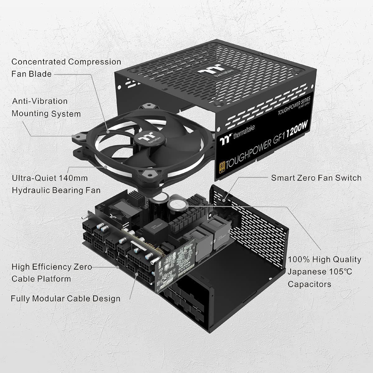 Thermaltake Toughpower GF1 1200W – 80 PLUS Gold Fully Modular ATX PSU, Smart Zero 140 mm Fan — thumbnail 3 of 6