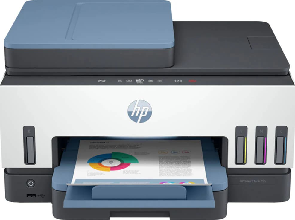 HP Smart Tank 795 All-In-One Printer, Print / Copy / Scan / Fax / ADF, Wireless Functions, Up To 15ppm Print Speed, 1200 DPI, 250 Sheets Input Capacity, Bluetooth & Wi-Fi Connectivity, Blue — thumbnail 4 of 5