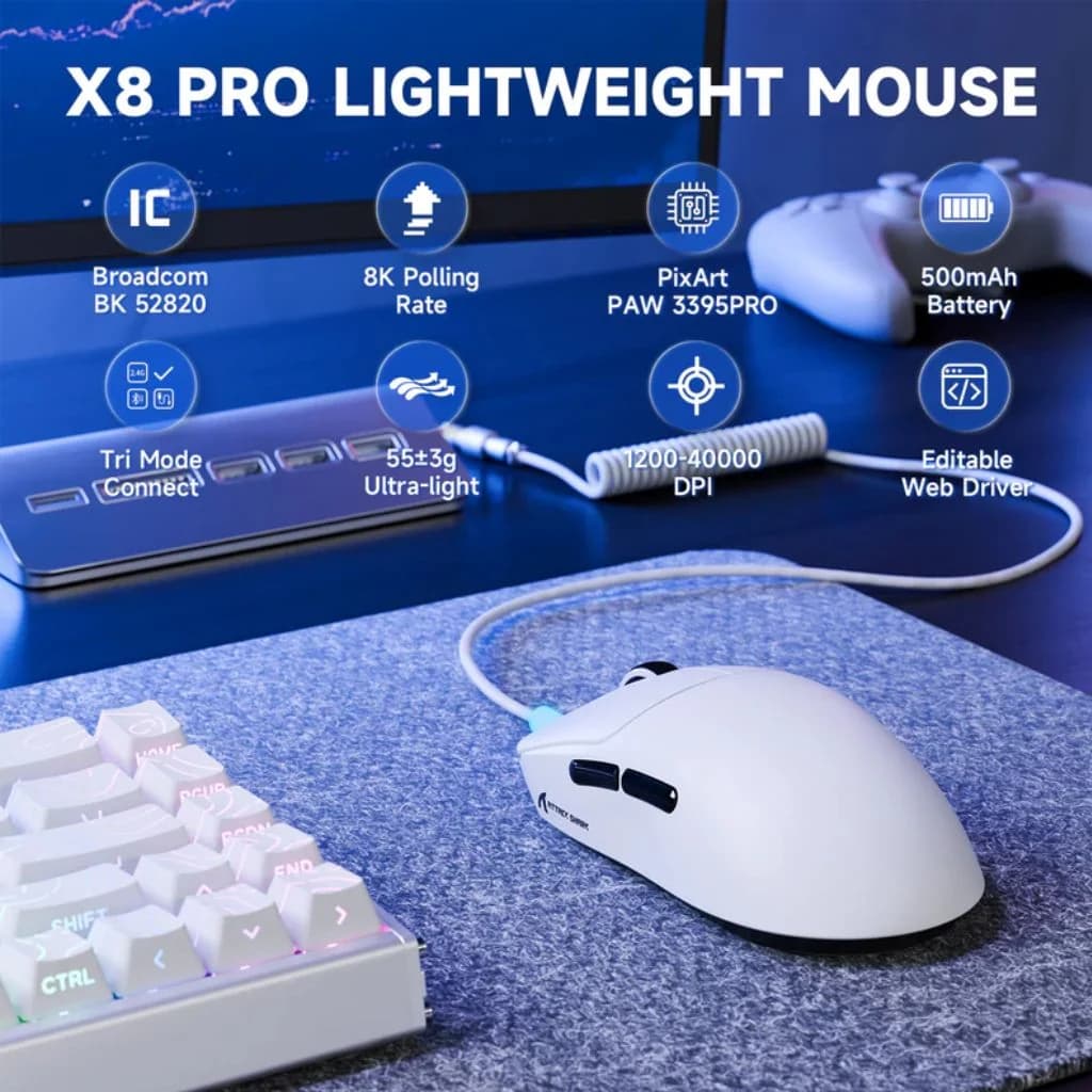 ATTACK SHARK X8 Pro Tri-mode Wireless Gaming Mouse - White — thumbnail 2 of 3
