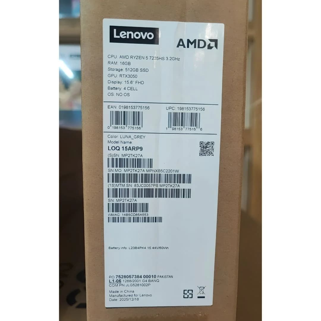 Lenovo LOQ 15, RTX 3050-6G, Ryzen 5-7235HS, RAM 16GB, SSD 512GB, 15.6 Inch FHD, Luna Grey — thumbnail 7 of 7