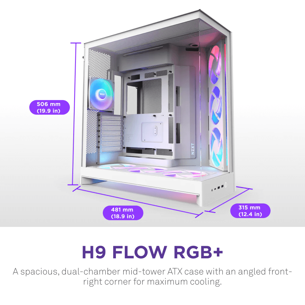 NZXT H9 FLOW RGB+ DUAL-CHAMBER MID TOWER Airflow With CONTROL HUB White CASE — thumbnail 2 of 9