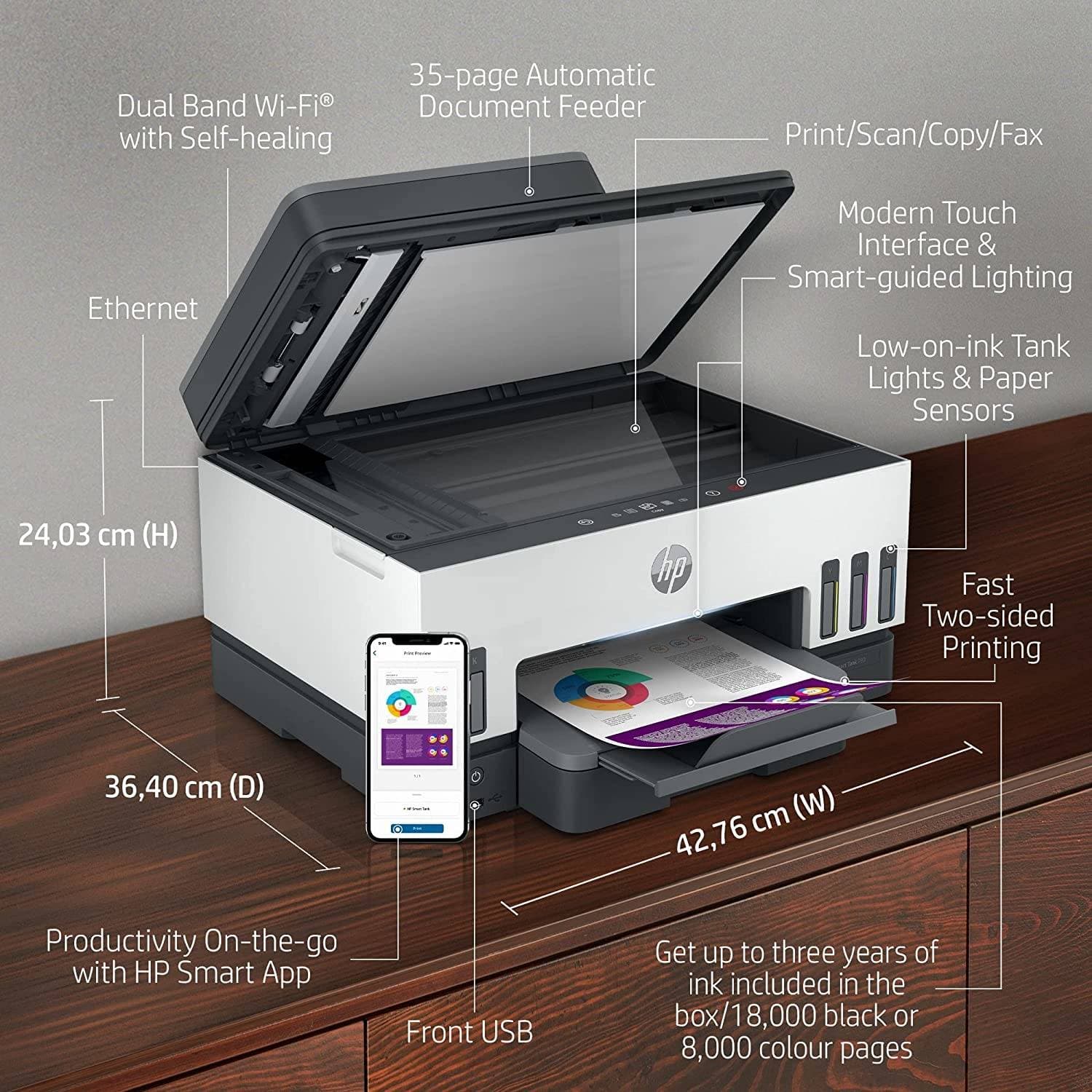 HP Smart Tank 790 All In One Printer, Auto Duplex Printing, W ADF & Magic Touch Panel, 23ppm Print Speed, USB  WiFi  Bluetooth  LANMobile Printing, 100 Sheets Output Capacity, White-Gray — thumbnail 4 of 6