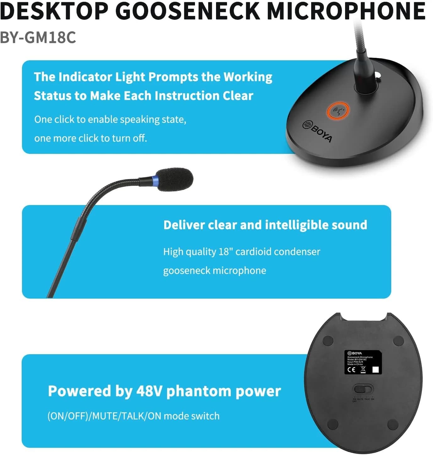 BOYA BY-GM18C 18" Desktop Gooseneck Condenser Microphone – Podium Mic with Mute Button, LED Indicator, XLR Connection, for Meetings, Video Conferences, Streaming & Lectures — thumbnail 6 of 8