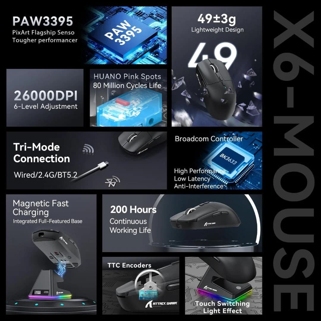 ATTACK SHARK X6  Wireless Gaming Mouse - Black — thumbnail 3 of 9
