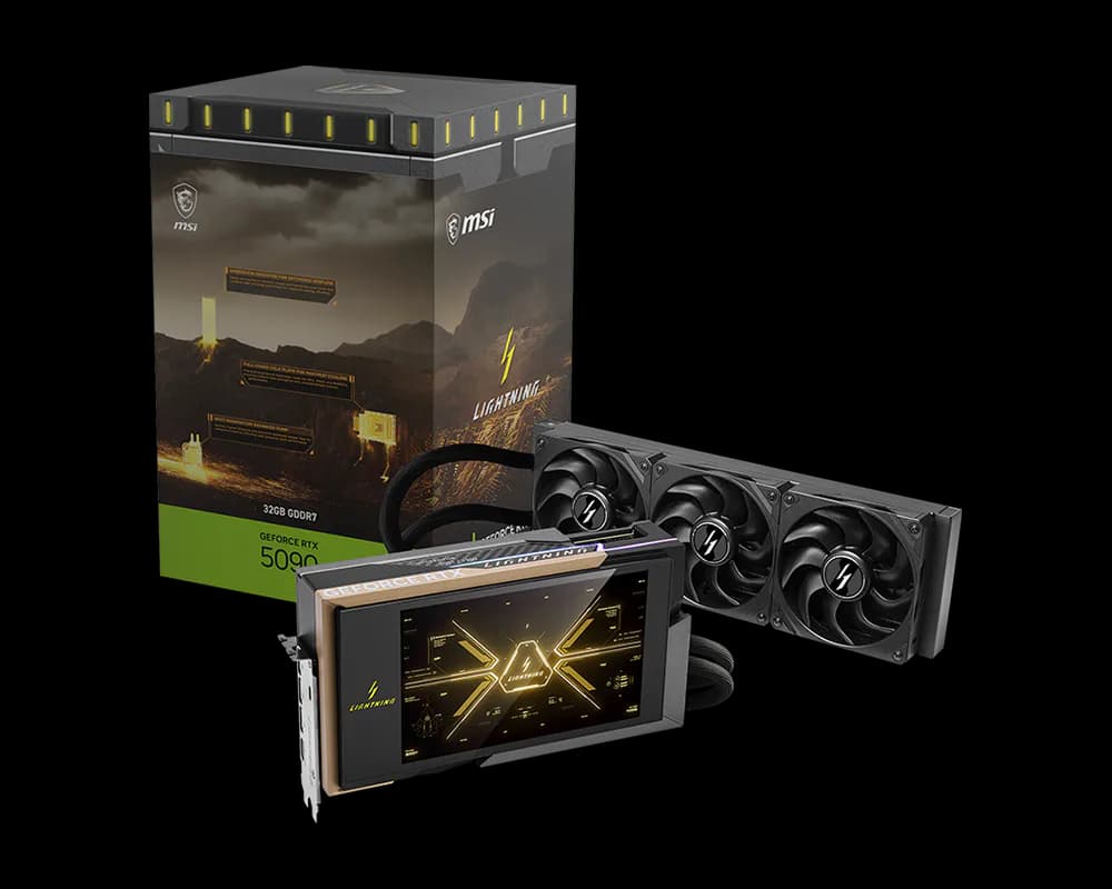MSI GeForce RTX 5090 32G LIGHTNING Z Extreme Overclocking Graphics Card, 32GB GDDR7, 512-bit, Liquid Cooling, 2775MHz Boost, 1000W Power, Dual 16-Pin, 8” Display, PCIe 5.0, HDMI 2.1b, DP 2.1b