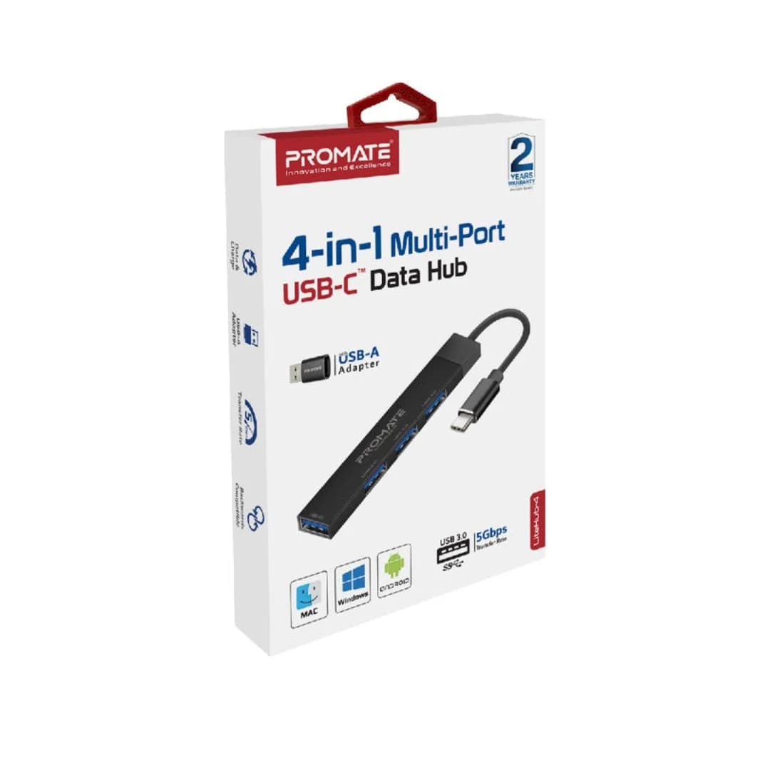 Promate LiteHub-4 4-in-1 Multi-Port USB-C Data Hub - Black — thumbnail 2 of 4