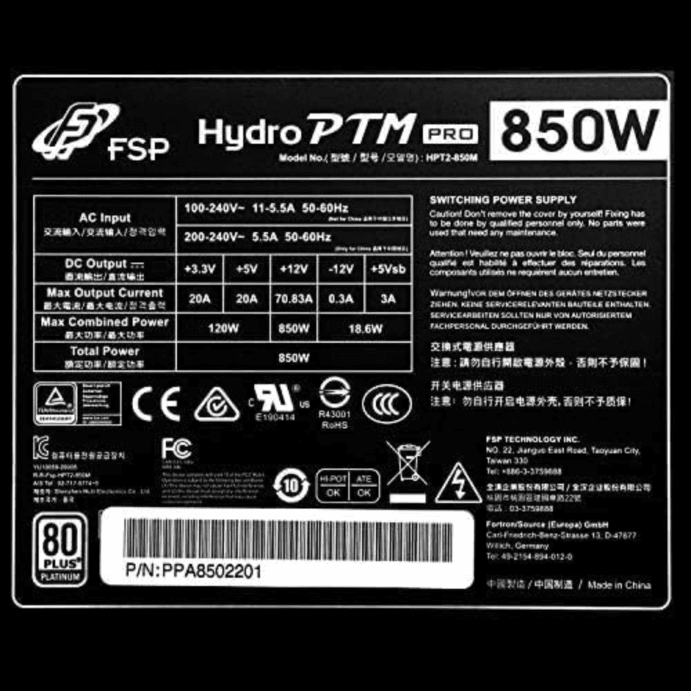 FSP Hydro PTM PRO 850M 850W 80+PLUS PLATINUM  BLACK Power Supply — thumbnail 2 of 3