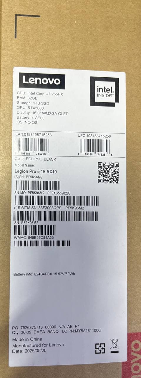 Lenovo Legion Pro 5, NVIDIA Geforce RTX 5060 8GB, Intel Core Ultra 7-255HX, RAM 32GB, SSD 1TB, 16.0 Inch OLED WQXGA 165Hz, Eclipse Black — thumbnail 6 of 6