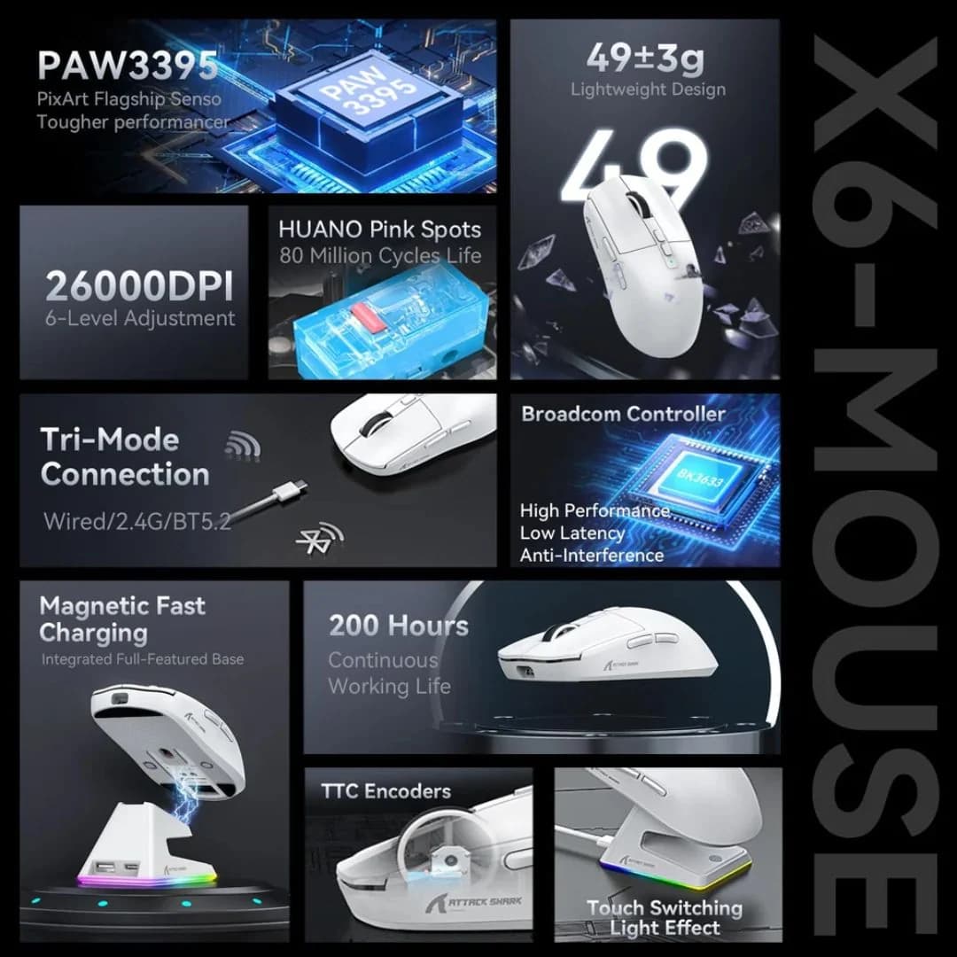 ATTACK SHARK X6  Wireless Gaming Mouse - White — thumbnail 2 of 6