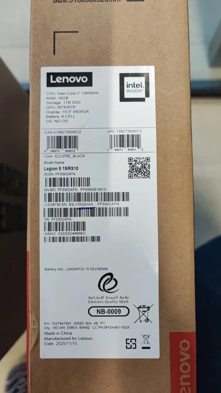 Lenovo Legion 5 15IRX10 - (QHAX) Intel Core i7-13650HX, RAM 16GB, SSD 1TB, RTX 5070 8GB, 15.3 Inch WUXGA IPS 165Hz, Eclipse Black — thumbnail 8 of 8