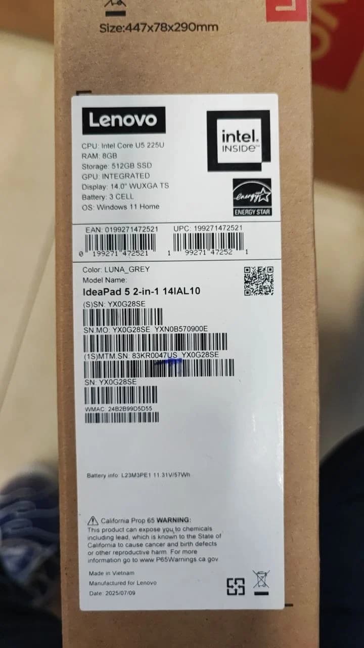 Lenovo IdeaPad 5, Intel Graphics™, Intel Core Ultra 5-225U, RAM 8GB, SSD 512GB, 14.0 WUXGA IPS Touch, Luna Gray — thumbnail 5 of 5
