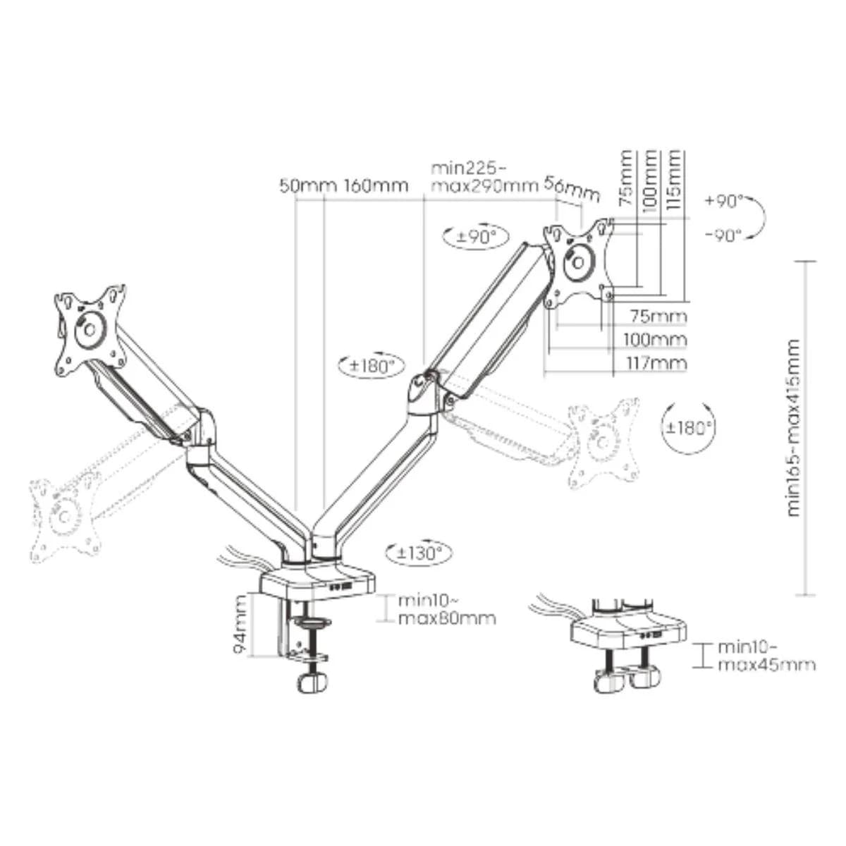 Avetron MA102 Dual Monitor Arm – Spring-Assisted, 17"-32", Clamp & Grommet — thumbnail 6 of 6