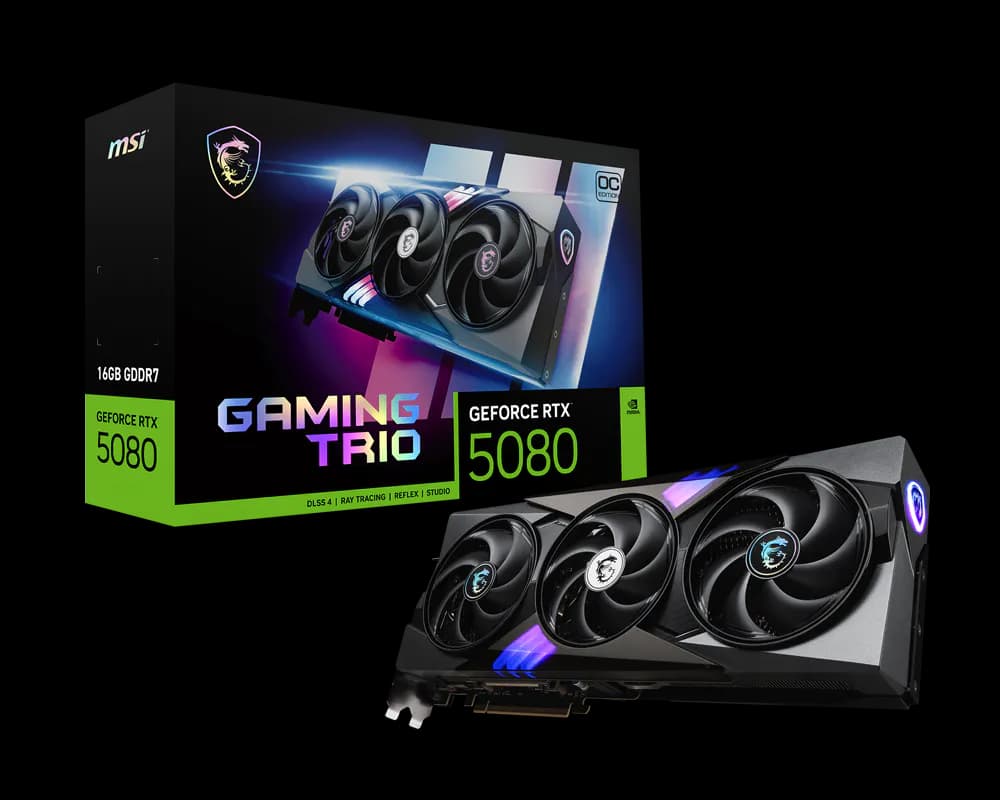 MSI GeForce RTX 5080 16G GAMING TRIO OC Graphics Card , 16GB GDDR7 , 256-bit , 10752 CUDA Cores , 2700MHz Boost , PCIe 5.0 , 3× DisplayPort 2.1b + HDMI 2.1b , 8K Support