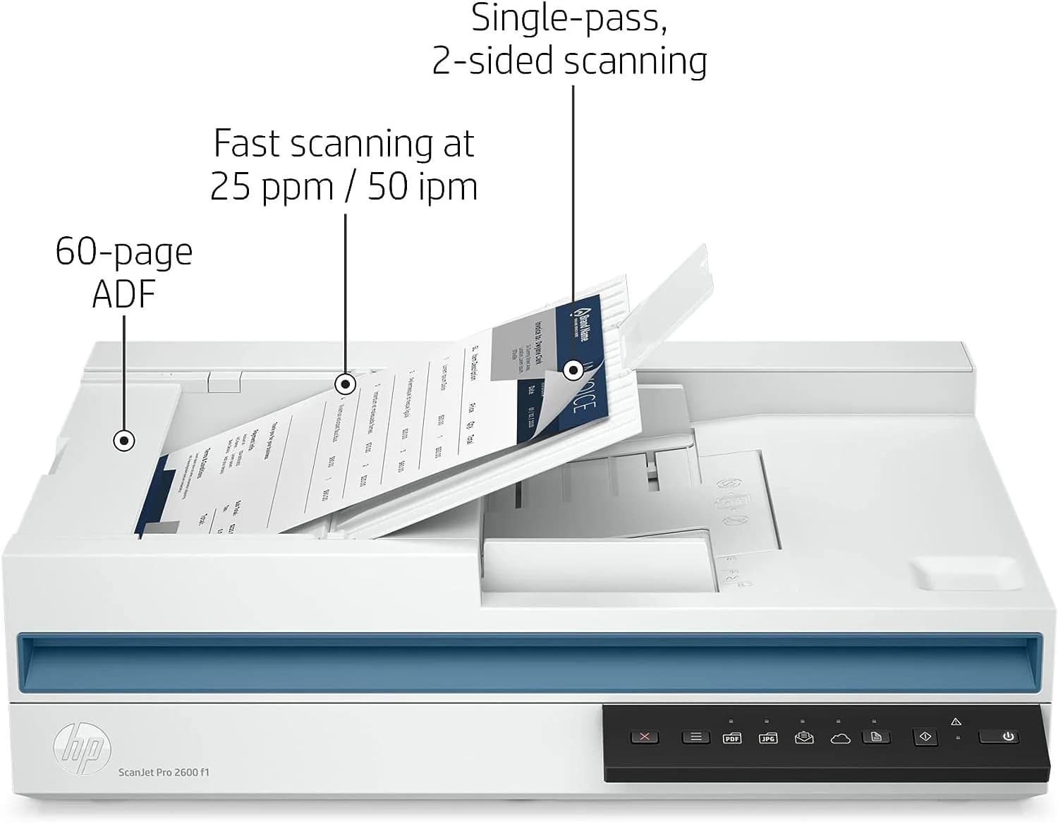 HP ScanJet Pro 2600 f1 A4 Duplex Document & Flatbed Scanner – Up to 25 ppm, 600 dpi ADF & 1200 dpi Flatbed, 60-Sheet ADF — thumbnail 3 of 10