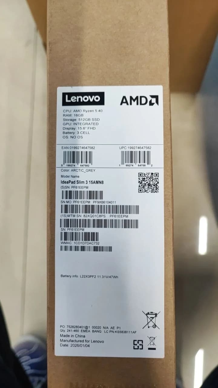 Lenovo IdeaPad Slim 3 15AMN8 - (C8PS) AMD Ryzen 5 40, RAM 16GB, SSD 512GB, Radeon™ Graphics, 15.6 FHD IPS, Arctic Grey — thumbnail 7 of 7