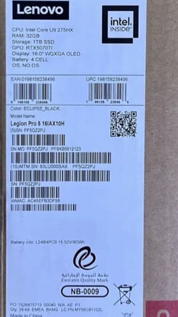 Lenovo Legion Pro 5, NVIDIA Geforce 5070 Ti 12GB, Intel Core Ultra 9-275HX, RAM 32GB, SSD 1TB, 16.0 Inch 2.5K WQXGA OLED 165Hz, Eclipse Black — thumbnail 8 of 8