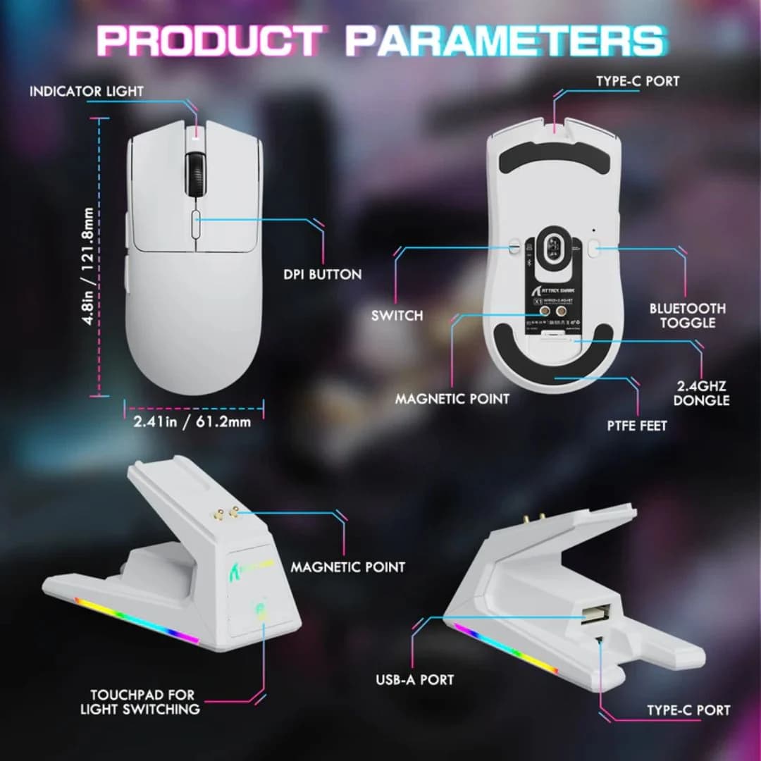 ATTACK SHARK X1 Tri-mode Gaming Mouse - White — thumbnail 3 of 5