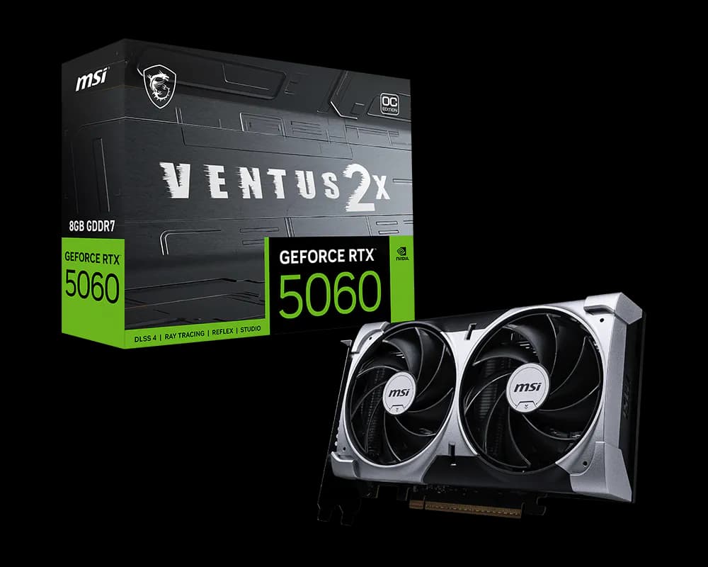MSI GeForce RTX 5060 8G VENTUS 2X OC Graphics Card , 8GB GDDR7 , 128-bit , 3840 CUDA Cores , 2527MHz Boost , PCIe 5.0 x8 , Dual Fan , 3× DisplayPort 2.1b + HDMI 2.1b , 8K Support