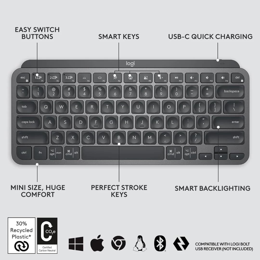 Logitech MX Keys Mini Wireless Keyboard - Graphite — thumbnail 2 of 4