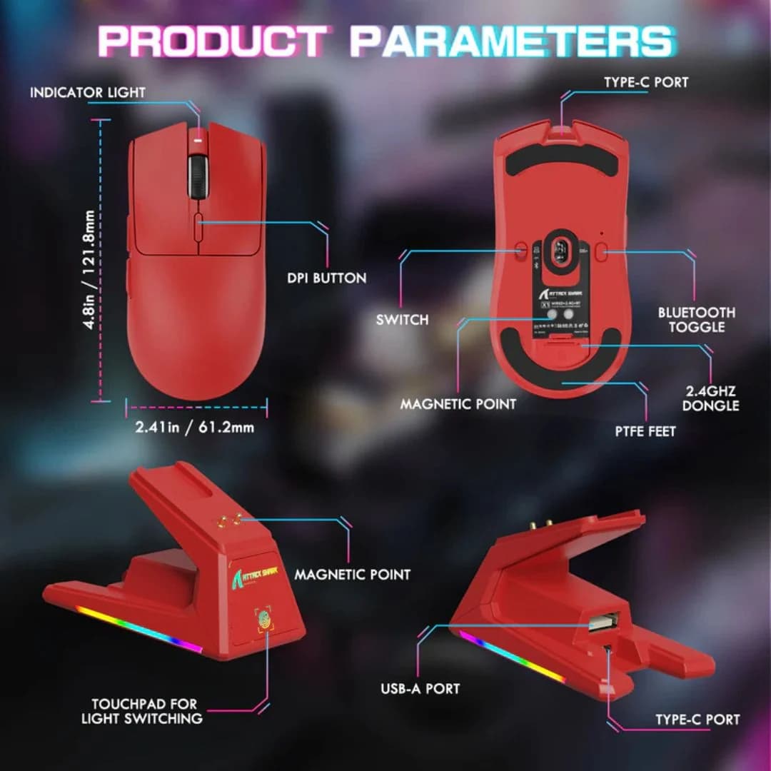 ATTACK SHARK X1 Tri-mode Gaming Mouse - Red — thumbnail 5 of 5