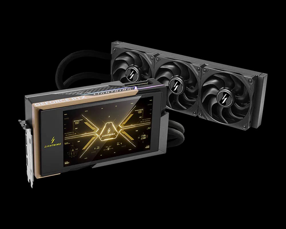 MSI GeForce RTX 5090 32G LIGHTNING Z Extreme Overclocking Graphics Card, 32GB GDDR7, 512-bit, Liquid Cooling, 2775MHz Boost, 1000W Power, Dual 16-Pin, 8” Display, PCIe 5.0, HDMI 2.1b, DP 2.1b — thumbnail 3 of 5